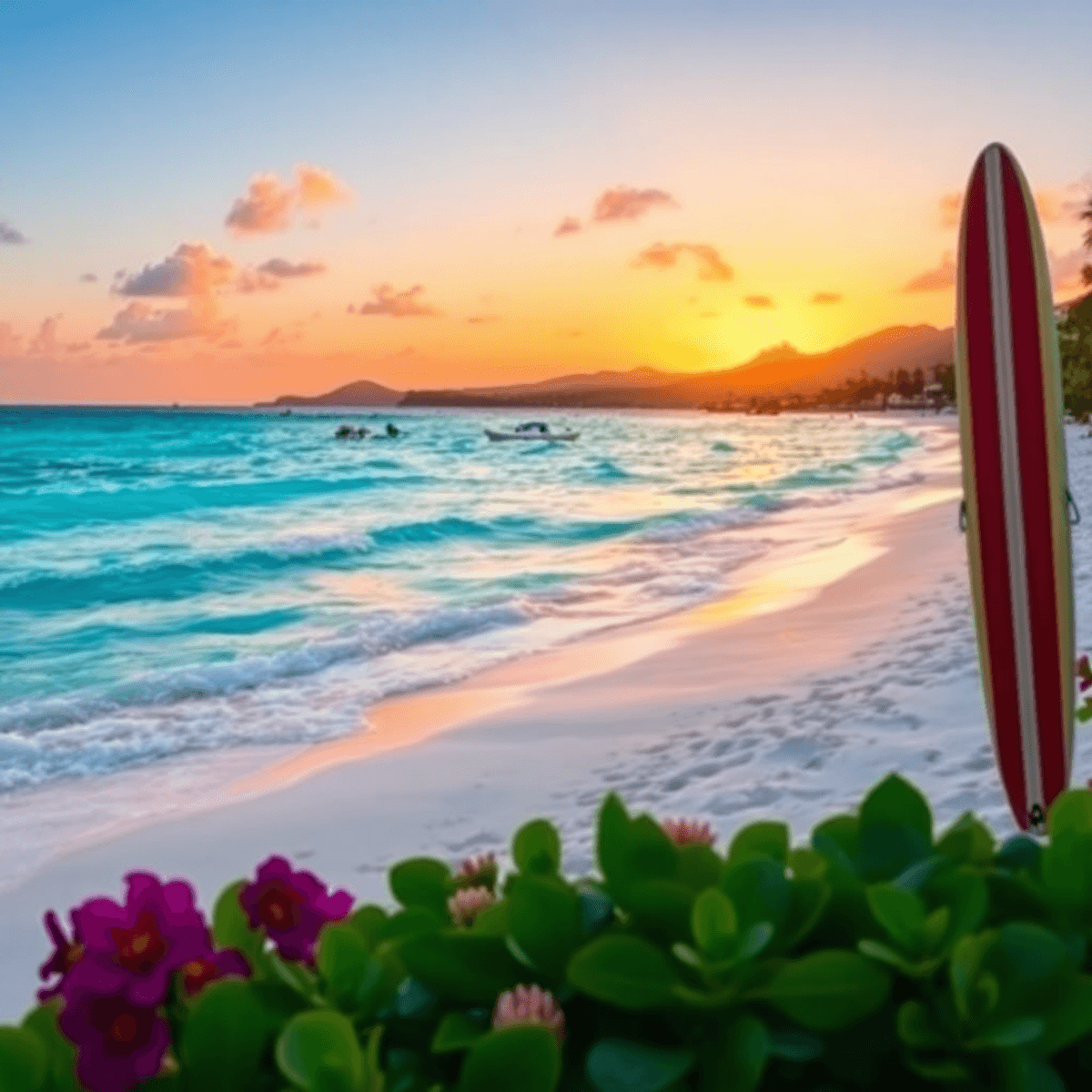 A vibrant beach scene in Kailua, Hawaii, showcasing turquoise waters, white sand, a romantic sunset, traditional leis, and surfboards, inviting con...