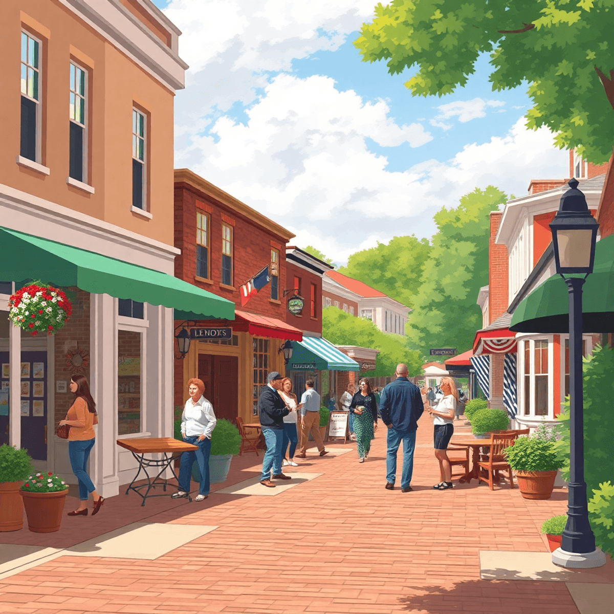 A warm, inviting small-town street in Lenox, Georgia, with charming shops and locals chatting. A cozy café and park suggest a close-knit community ...
