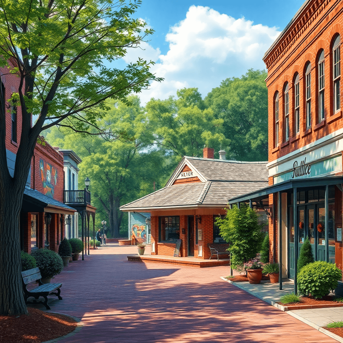A charming historic train depot in a small town, surrounded by colorful murals on brick buildings, with scenic trees and inviting pathways.