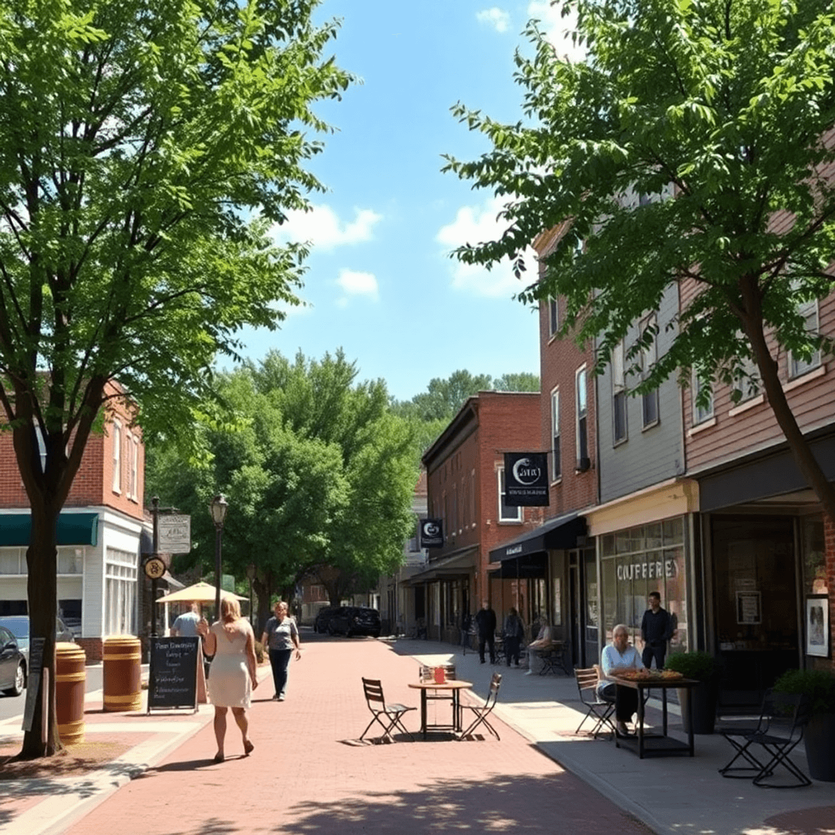 A charming small-town scene in Mount Airy, Georgia, showcasing tree-lined streets, historic buildings, and a cozy coffee shop with outdoor seating ...
