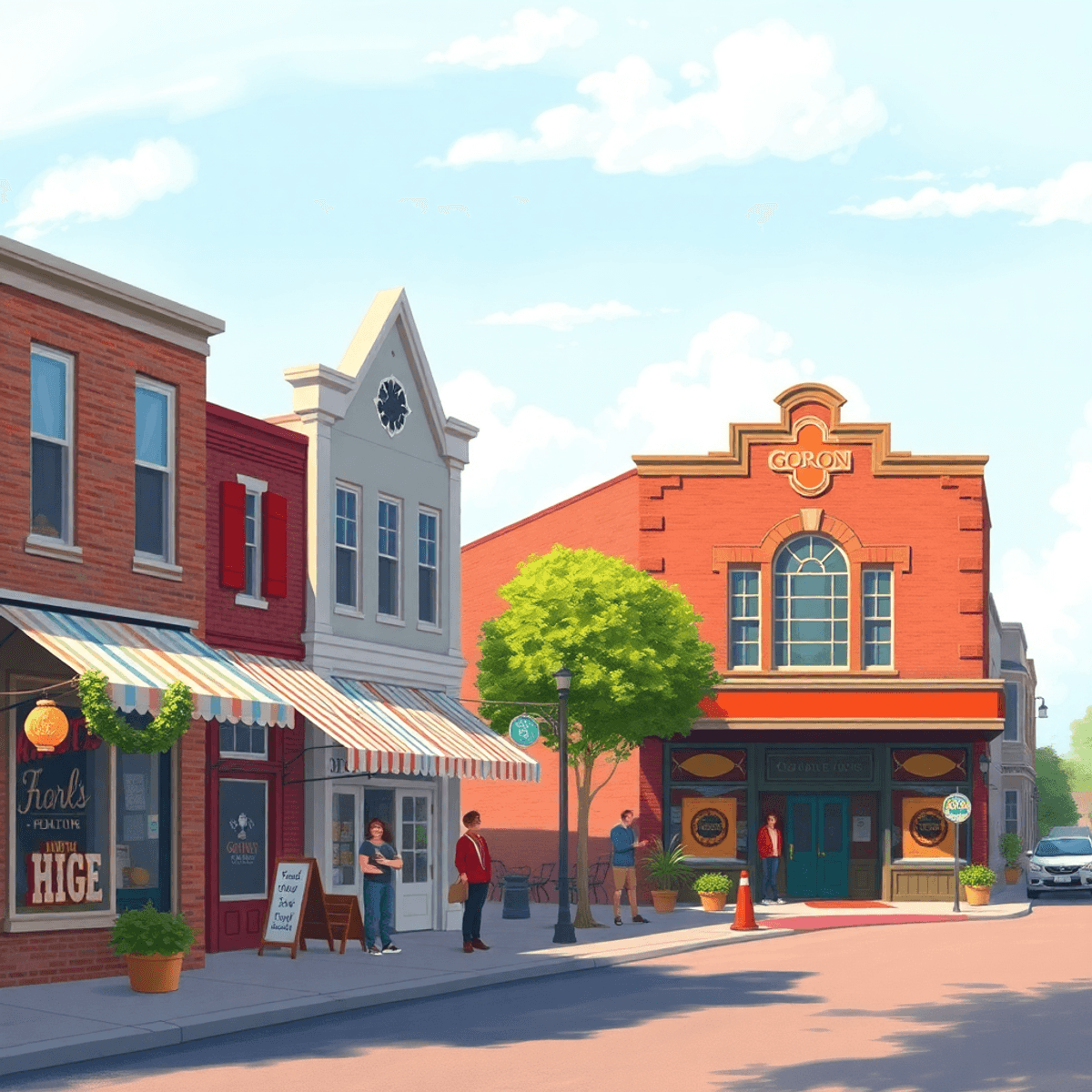 A quaint street in Gordon, Georgia, lined with local shops and a historic theater, adorned with festival banners and people chatting, creating a wa...