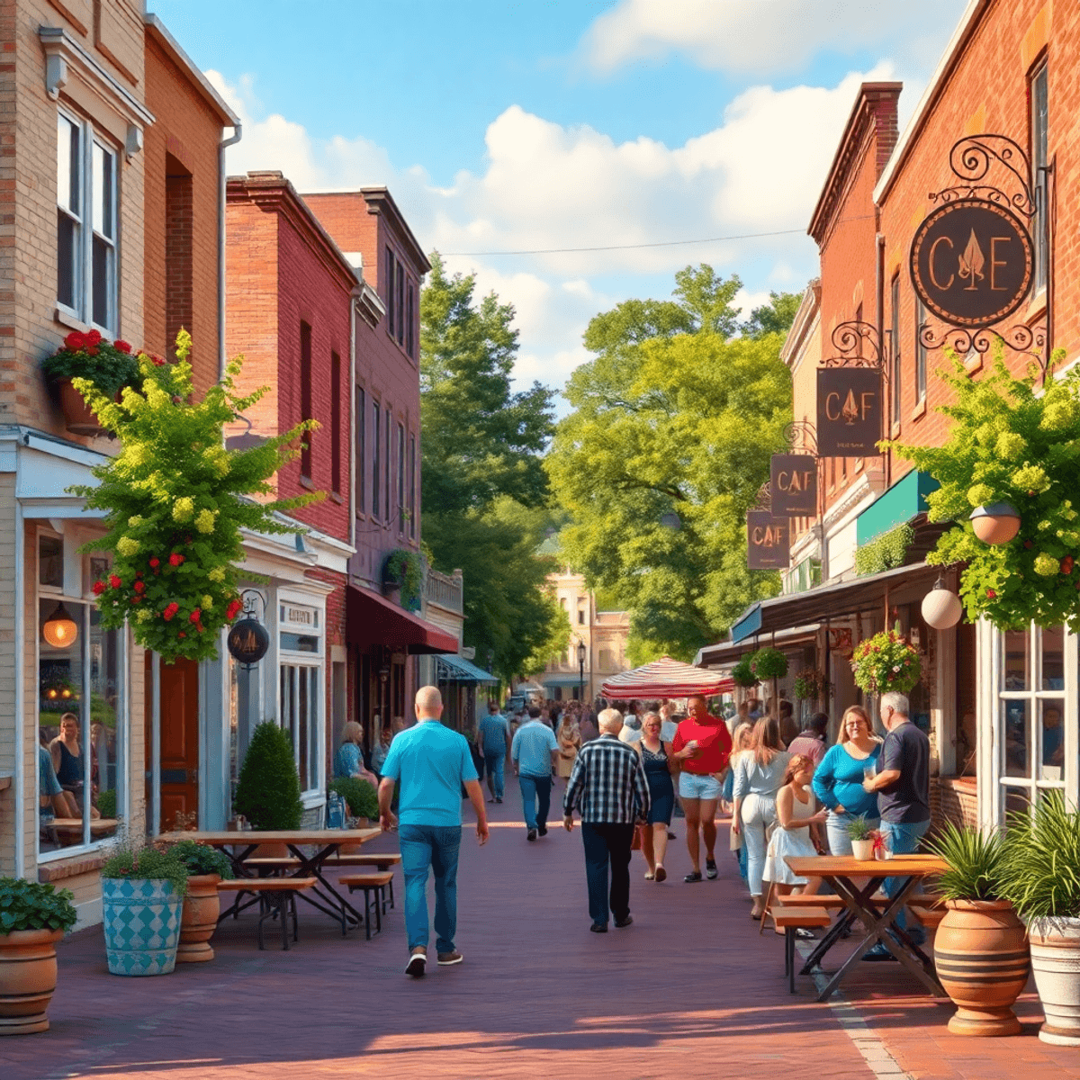 A lively small-town street in Deenwood, Georgia, bustling with people at a farmers market and outdoor festival, showcasing cafes, parks, and a warm...