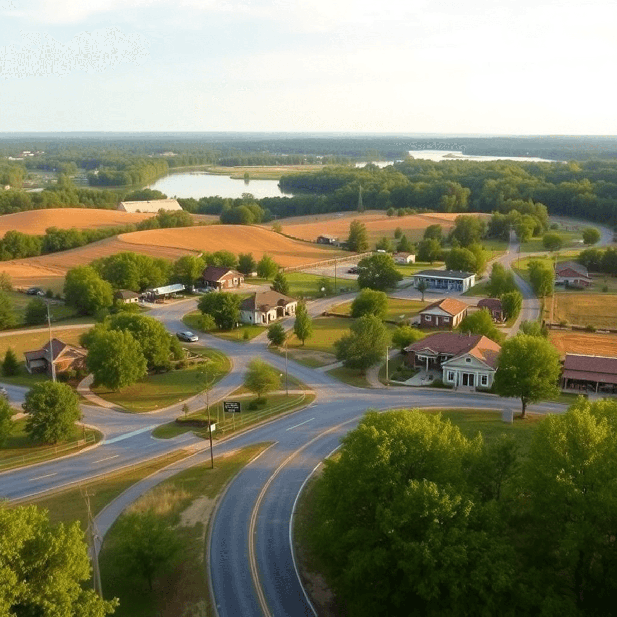 A scenic view of Reed Creek, Georgia, with winding country roads, rolling hills, historic buildings, and lush greenery surrounding Lake Hartwell, e...