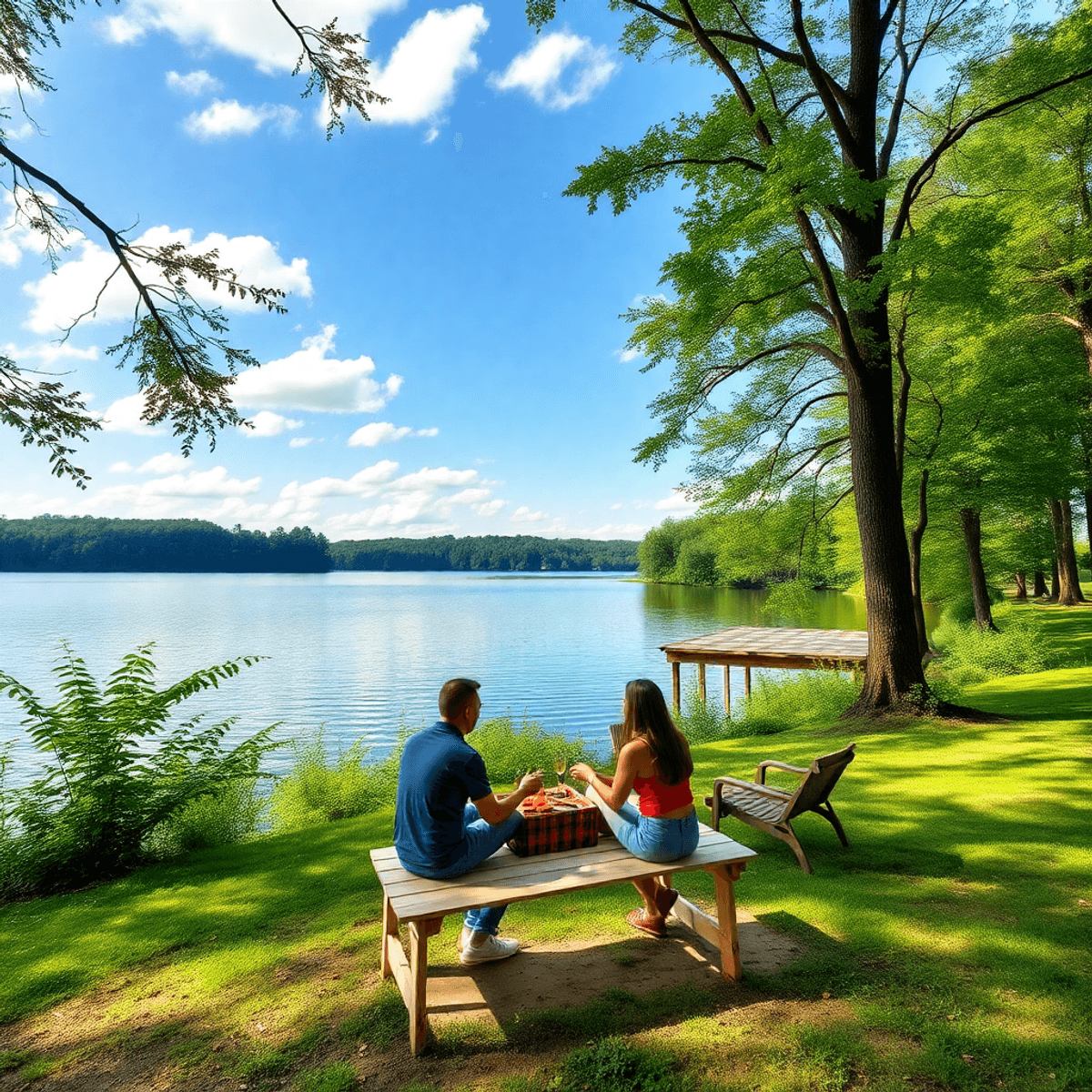 A serene view of Berkeley Lake, Georgia, featuring lush greenery and a cozy picnic setup, with couples enjoying outdoor activities in a romantic at...