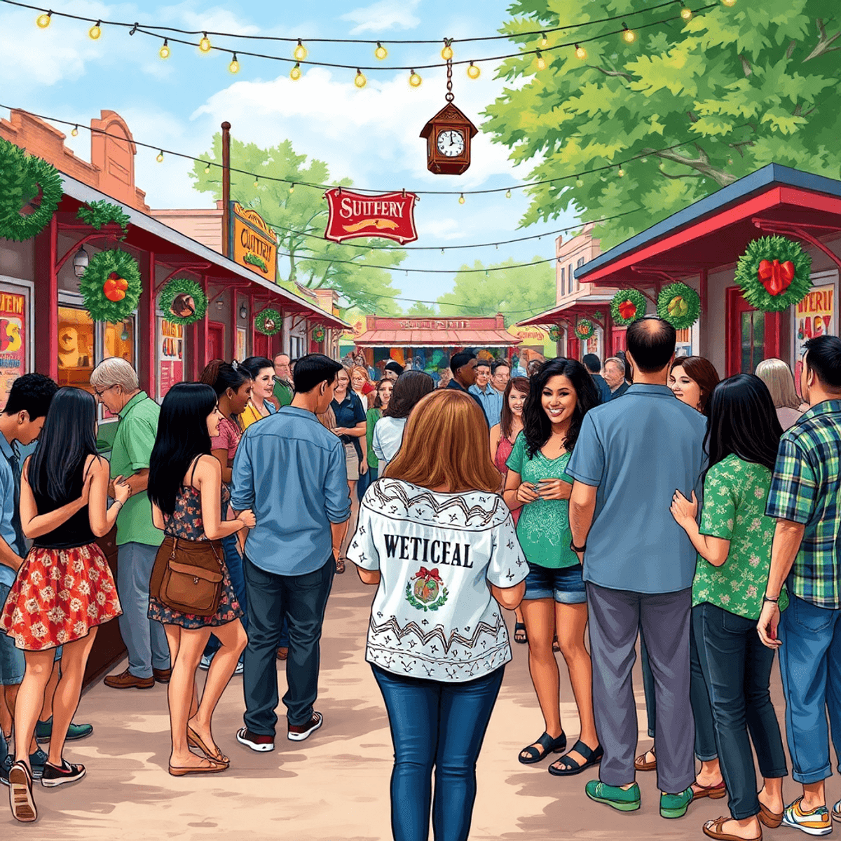 A lively social gathering in a small town, featuring singles conversing and enjoying local events against a backdrop of quaint storefronts and fest...