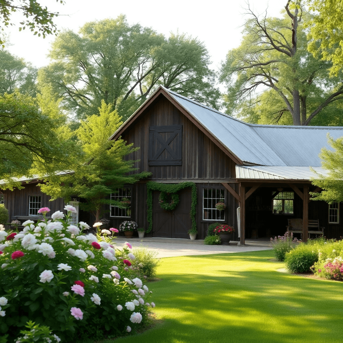 A rustic barn nestled in lush greenery and blooming flowers, bathed in soft sunlight, creating a romantic and inviting atmosphere for dating in a s...