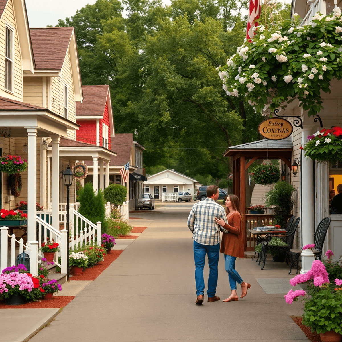 A quaint street in Unadilla, Georgia, lined with Southern homes and vibrant flowers, showcasing festival decorations and couples enjoying outdoor a...