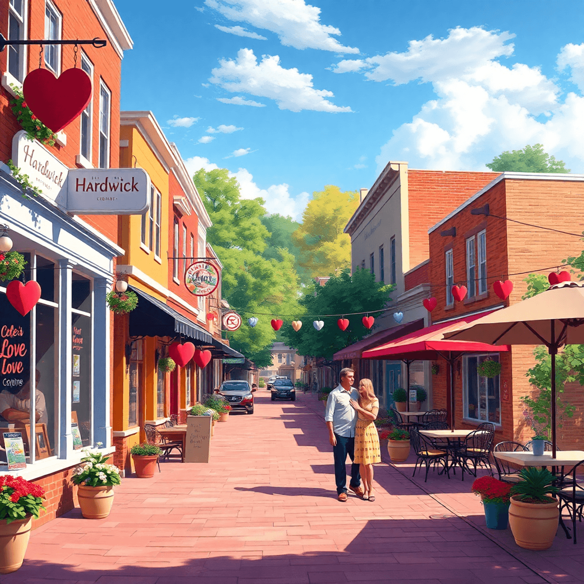 A charming small-town street in Hardwick, Georgia, lined with local shops and cafes, adorned with heart-shaped decorations and couples enjoying a r...