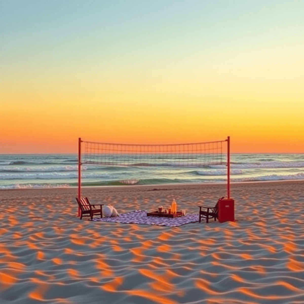 A picturesque Tybee Island beach at sunset, featuring golden sand, gentle waves, beach volleyball equipment, and a cozy picnic setup under a vibran...