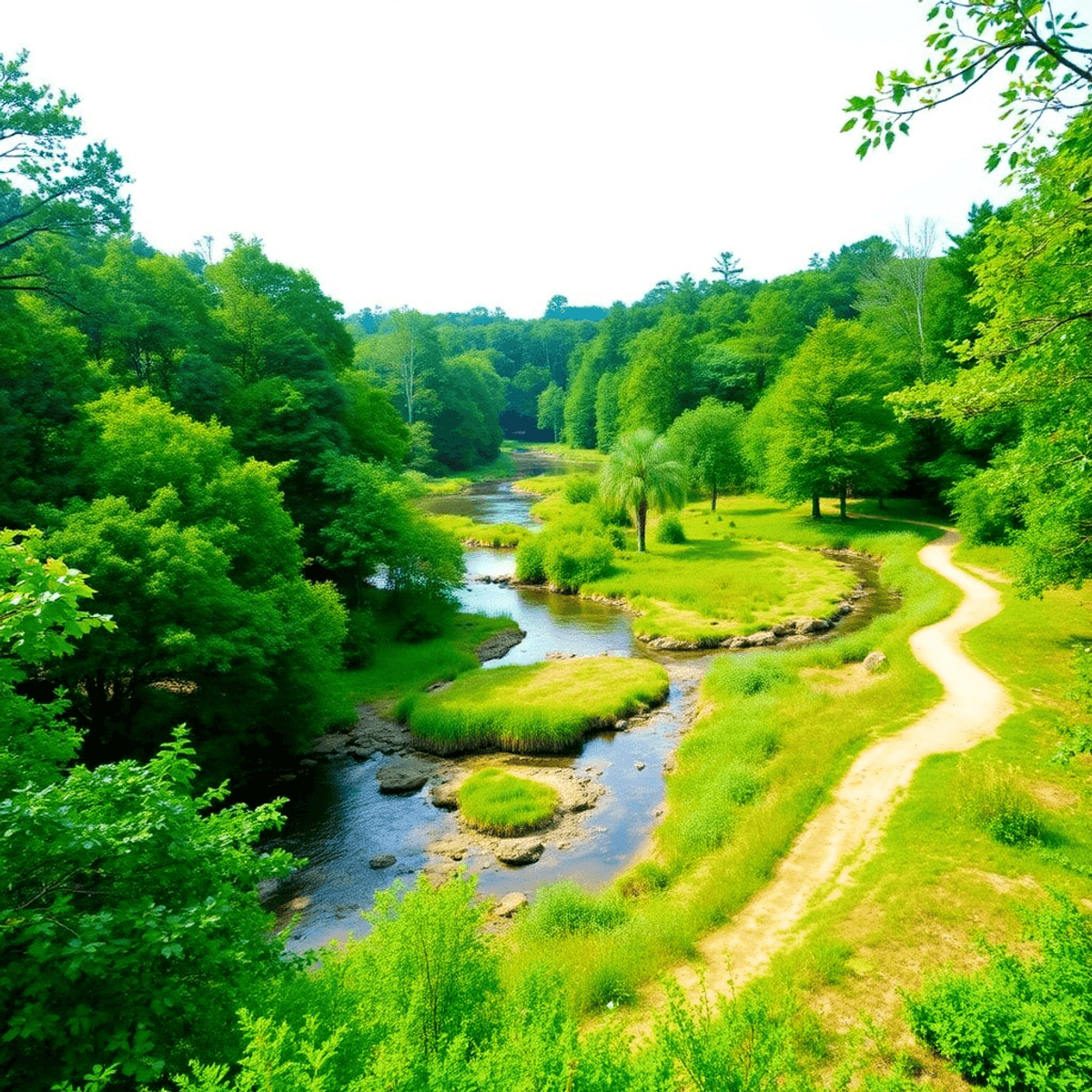 A picturesque view of Magnolia Springs State Park featuring vibrant greenery, clear springs, and winding trails, inviting adventure in a charming s...