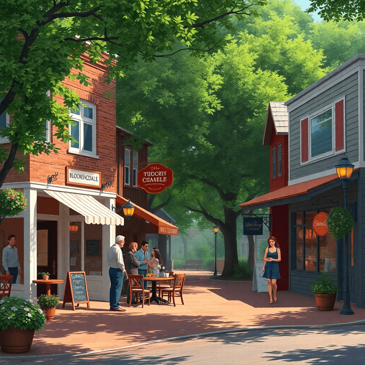A picturesque small-town street in Bloomingdale, Georgia, lined with charming shops and gathering spots, surrounded by lush greenery, creating a wa...
