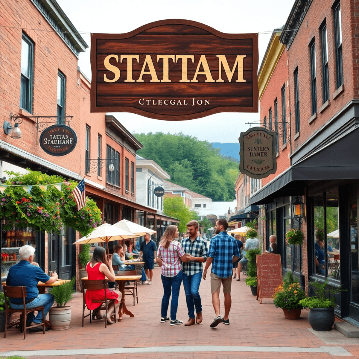 A charming small-town street in Statham, Georgia, featuring cozy cafes and shops, couples enjoying the atmosphere, and lively outdoor community eve...