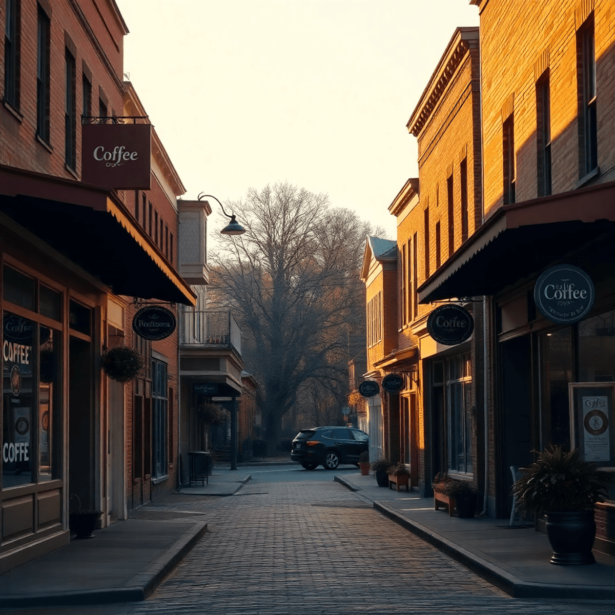 A picturesque small town street in Montezuma, Georgia, showcasing historic 1850s buildings, a cozy coffee shop, and an antique store bathed in warm...