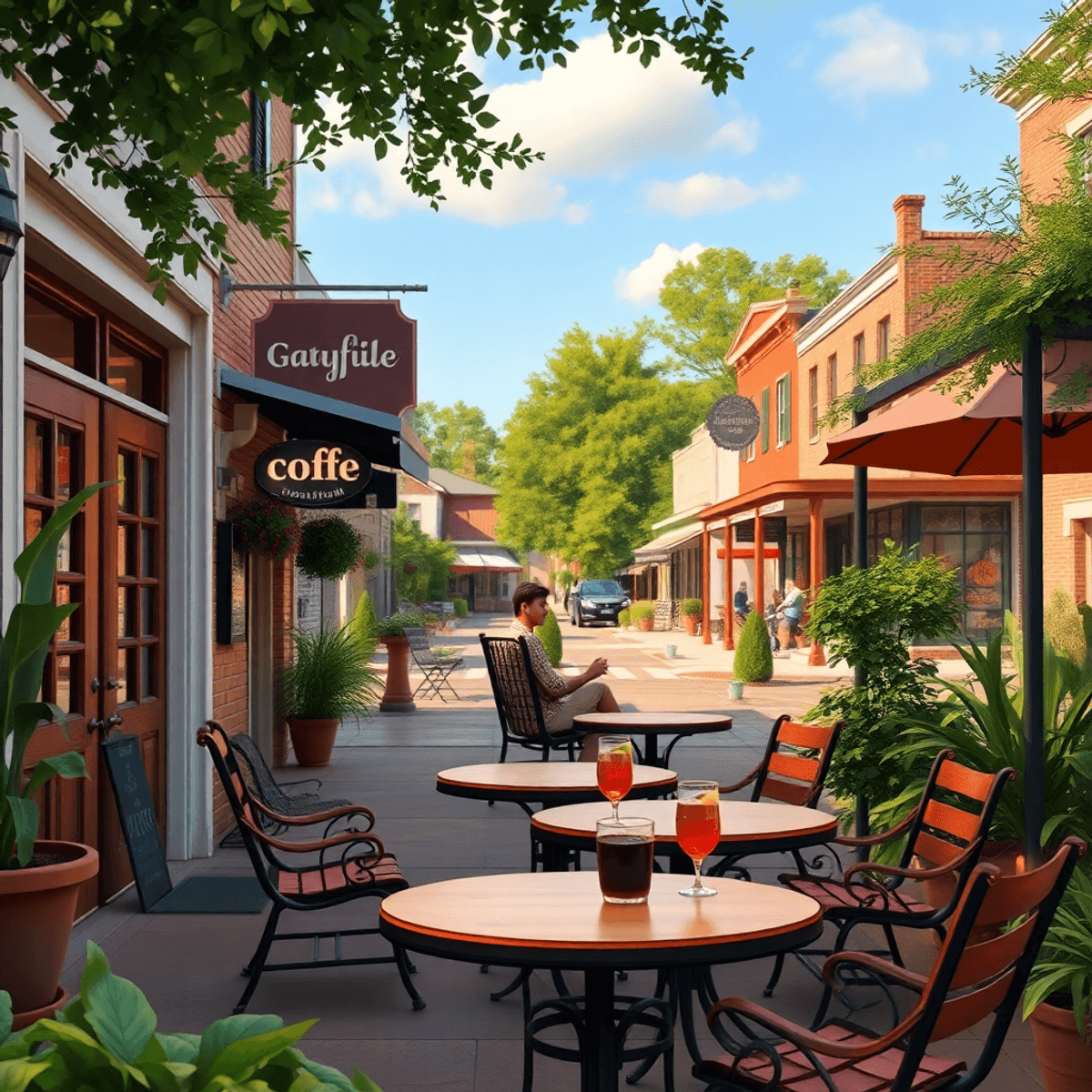 A cozy local café with outdoor seating in a small town, surrounded by greenery and Southern architecture, featuring casual tables with drinks, invi...