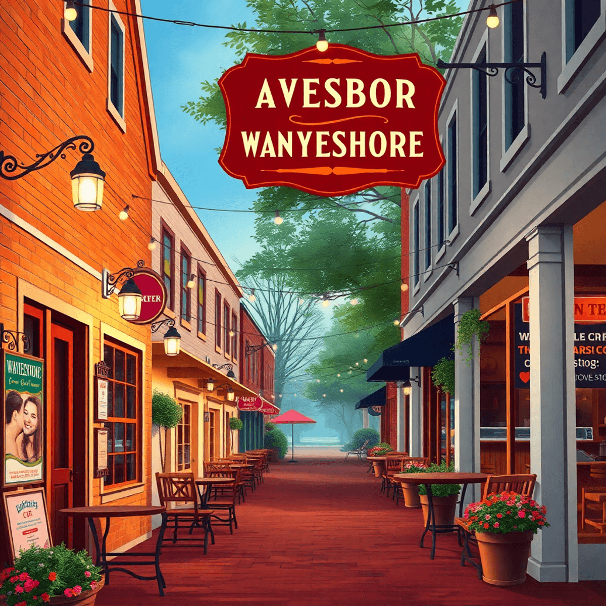 A cozy small-town street in Waynesboro, Georgia, featuring inviting cafes and local event posters, with warm lighting and Southern hospitality decor.