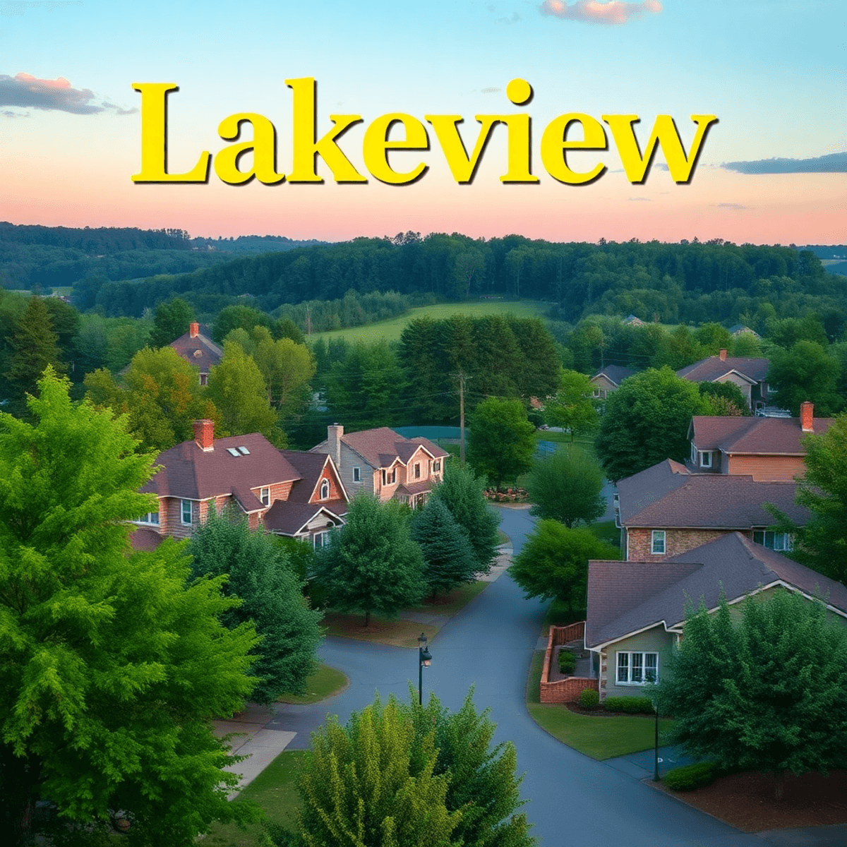 A picturesque view of Lakeview Estates, featuring lush greenery and quaint homes, with a smartphone subtly placed to symbolize modern dating amidst...