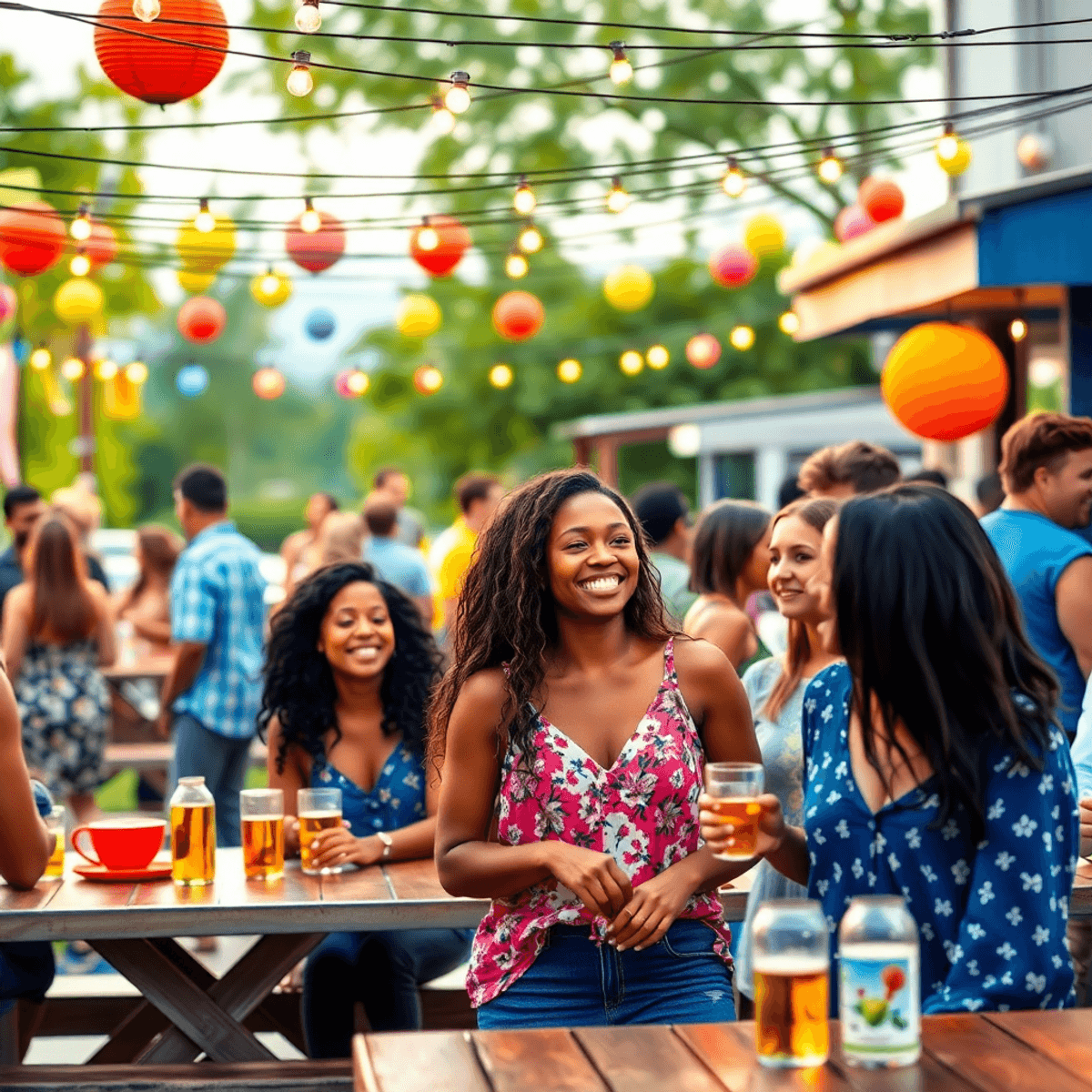 A lively outdoor event in Jackson, Georgia, featuring singles mingling around picnic tables with string lights and colorful decorations, highlighti...