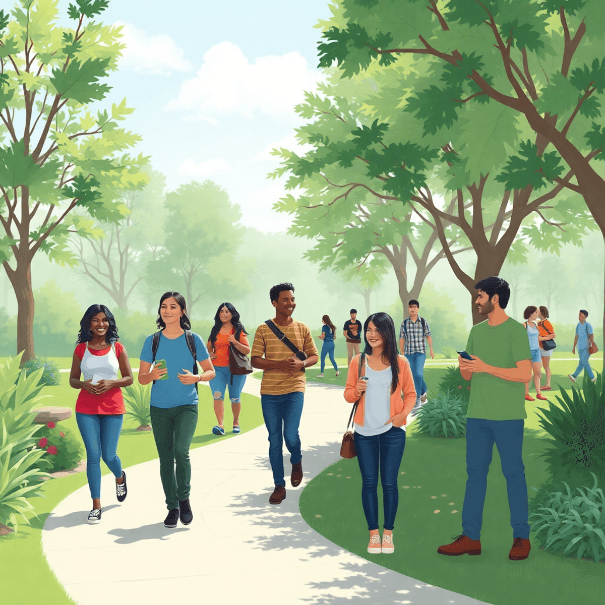 A lively park scene in Morrow, Georgia, featuring people engaging in conversations, nature walks, and outdoor activities amidst lush greenery and a...