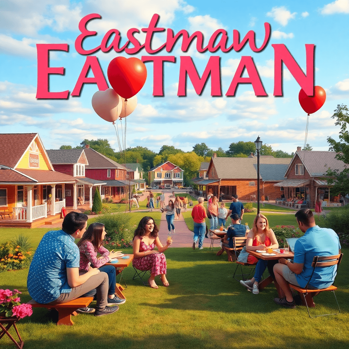 A lively small-town park in Eastman, Georgia, filled with singles picnicking and playing games, adorned with balloons and hearts, capturing a warm ...
