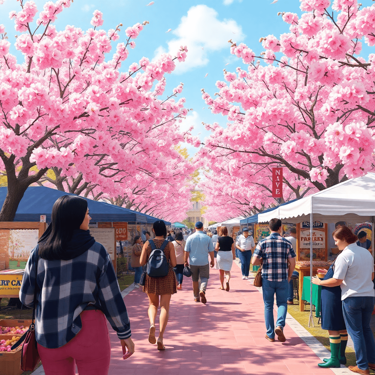 A vibrant cherry blossom festival in Fairview, Georgia, with pink blossoms in full bloom. Couples stroll along pathways, enjoying food vendors and ...