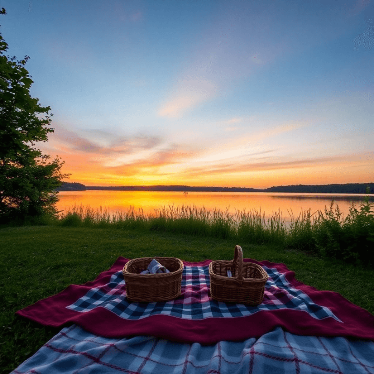 A romantic lakeside picnic at sunset, with a cozy blanket and basket surrounded by lush greenery and calm waters reflecting warm sky colors.