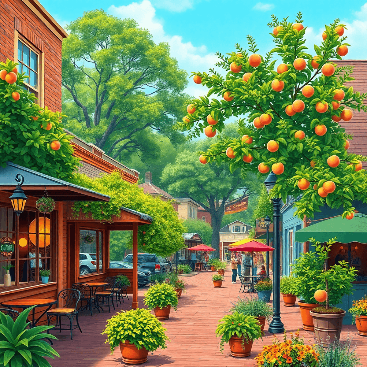A charming Southern town in Georgia, showcasing cozy coffee shops and lively bars amidst vibrant greenery and peach trees, evoking a warm, inviting...