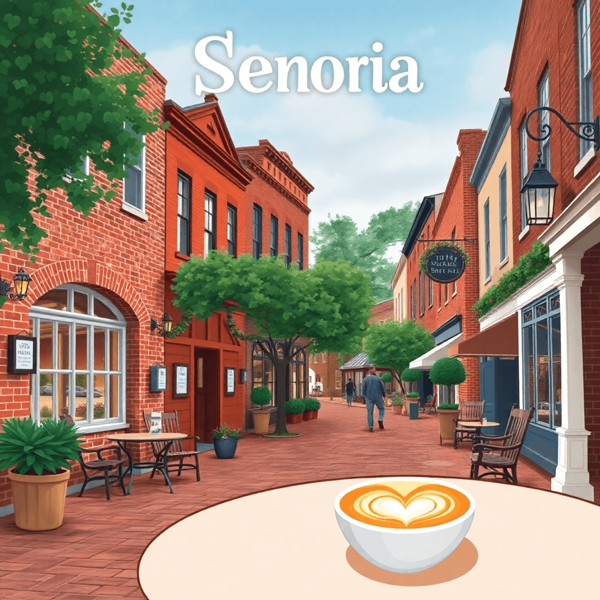 A quaint small-town street in Senoia, Georgia, with historic brick roads and inviting coffee shops, featuring a heart-shaped latte art on a table.