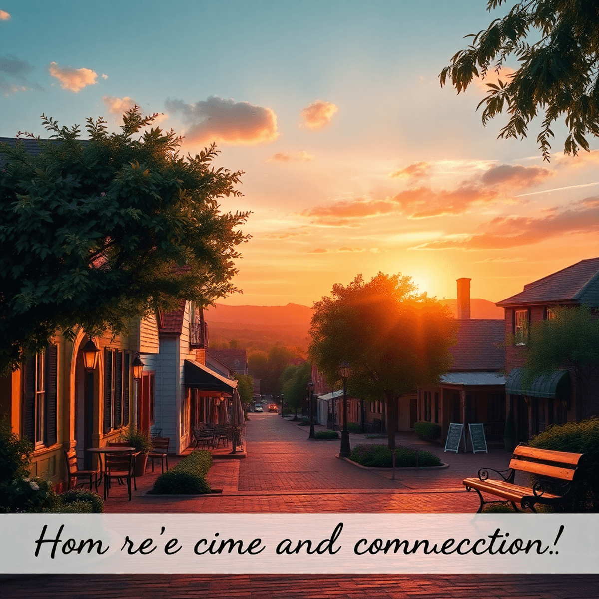 A scenic Southern town at sunset, featuring quaint streets, lush greenery, a cozy café, and a park bench, evoking romance and intimate gatherings.