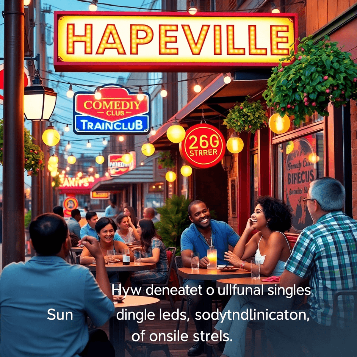 A lively street scene in Hapeville, Georgia, featuring a cozy outdoor café with colorful decor, people laughing, bright lights, and a festive atmos...