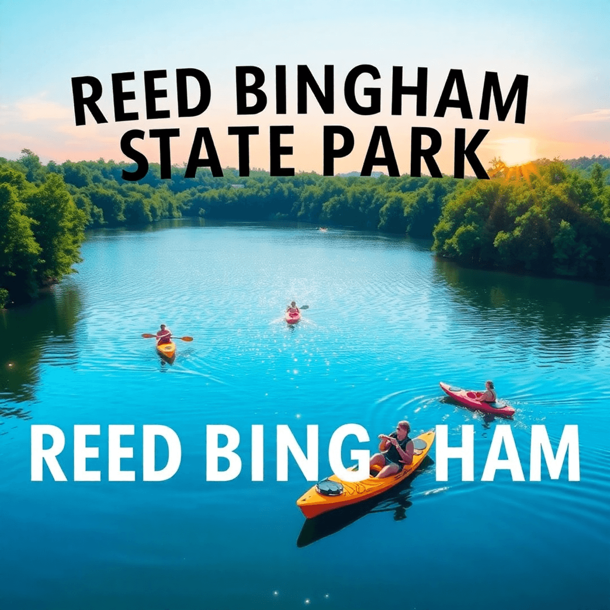 A serene view of Reed Bingham State Park featuring a sparkling lake with kayakers, surrounded by lush greenery and a romantic sunset in the backgro...