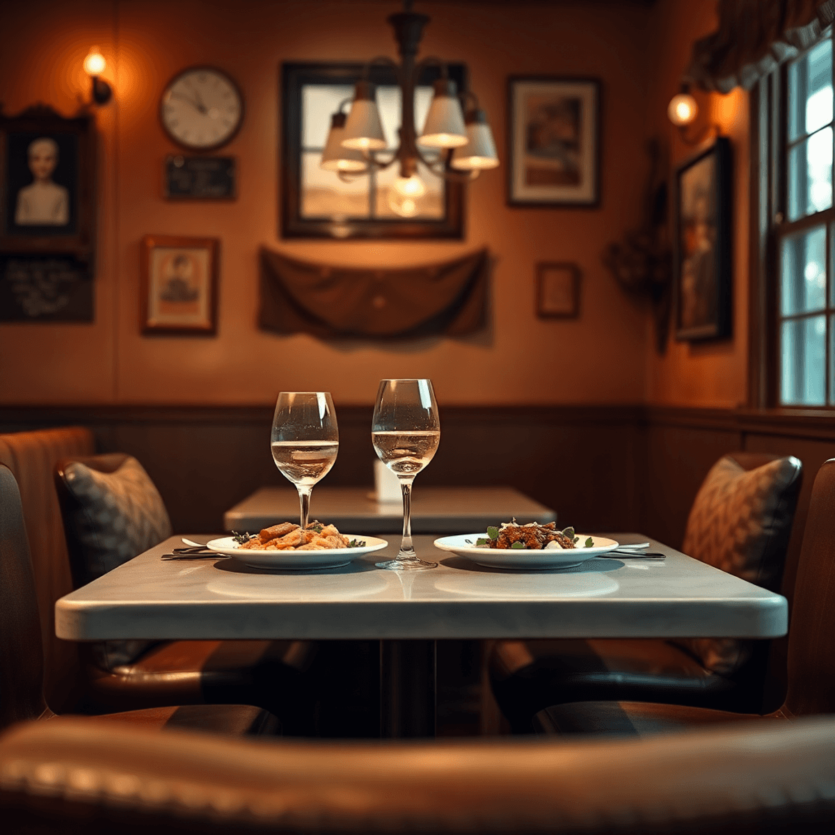 A cozy restaurant table for two, adorned with vintage decor and soft lighting, featuring Southern dishes and a glass of wine, creating a romantic a...