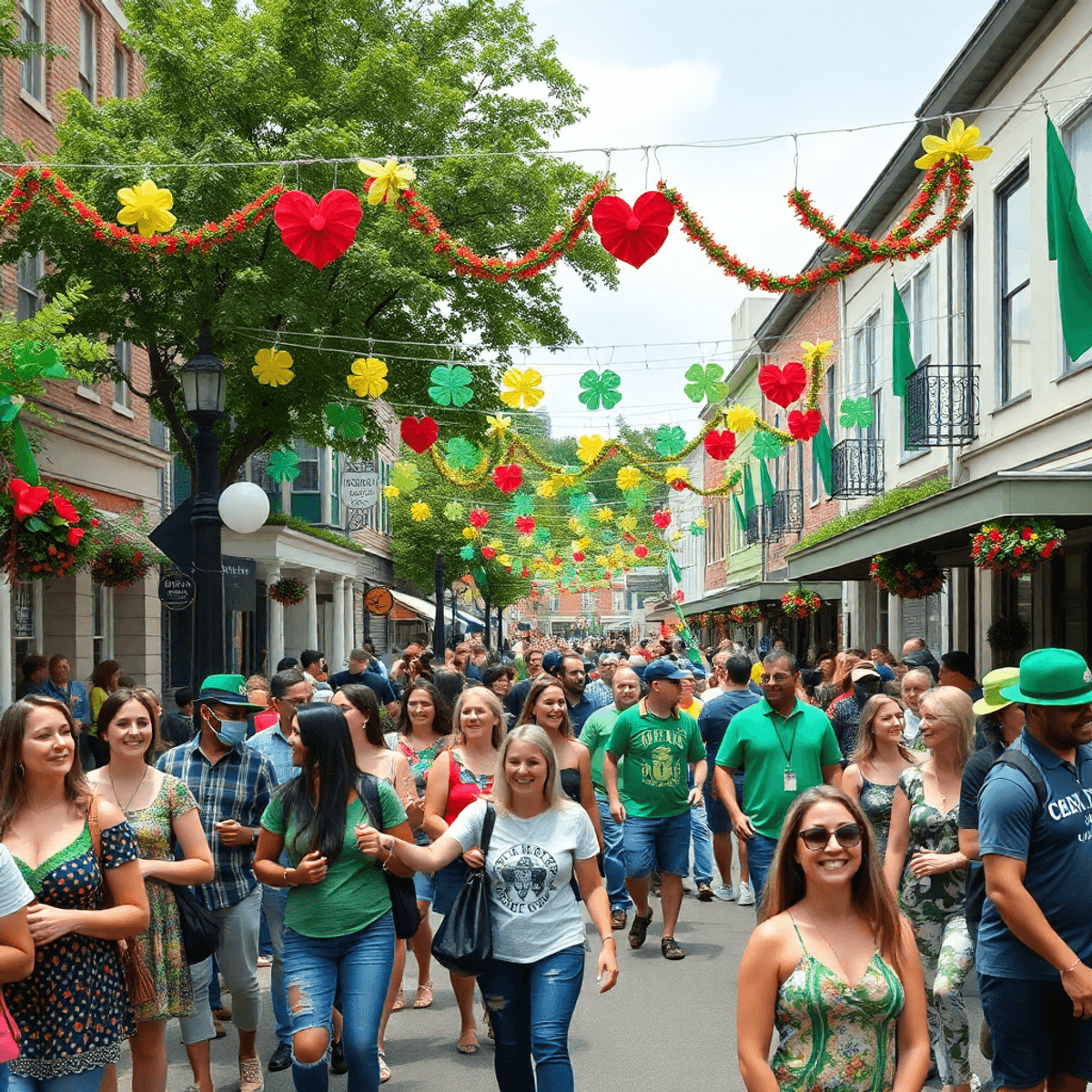 A lively street scene in Dublin, Georgia, showcasing colorful decorations and festive crowds celebrating St. Patrick's Festival against a backdrop ...