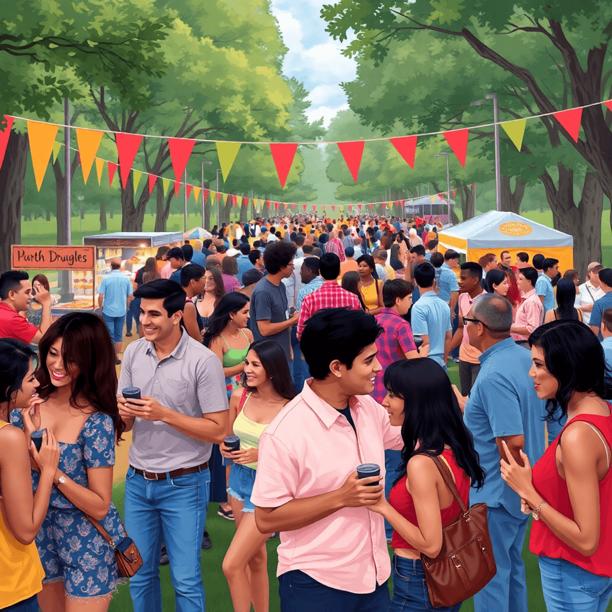 A lively outdoor social event in a park, with colorful banners, food stalls, and groups of singles engaging in friendly conversations and activities.