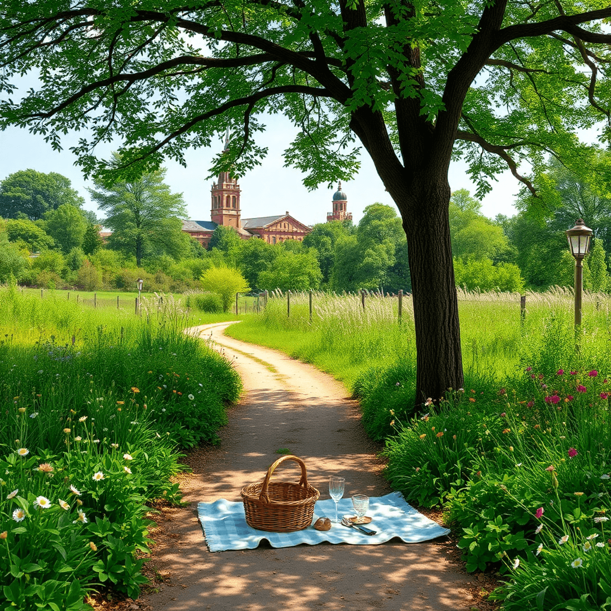 A serene walking trail in Americus, Georgia, lined with lush greenery and wildflowers, features a cozy picnic setup under a shade tree, with histor...