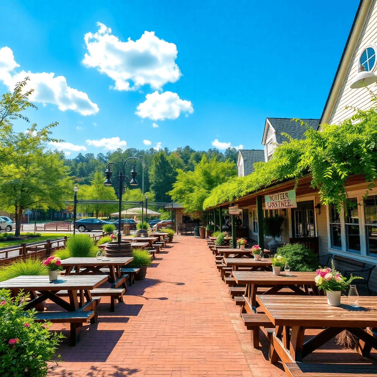 A sunny outdoor venue in Powder Springs, Georgia, featuring lush greenery, charming Southern architecture, picnic tables, and decorations that crea...