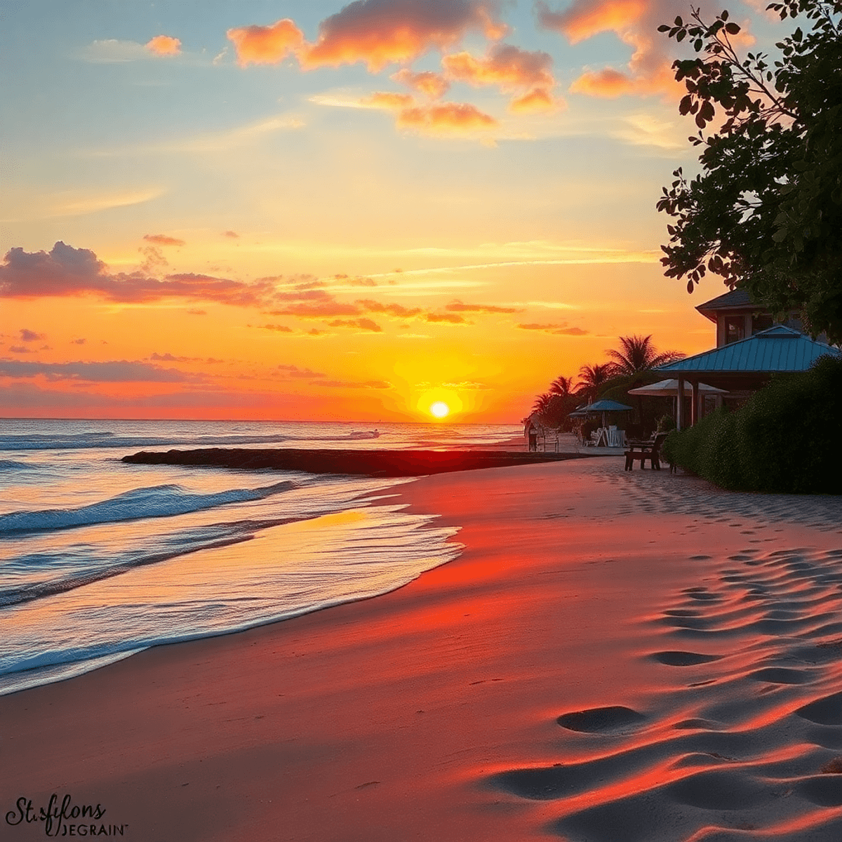 A beautiful sunset over the beach at St. Simons Island, with gentle waves, soft sand, a cozy cafe in the background, and lush greenery creating a w...