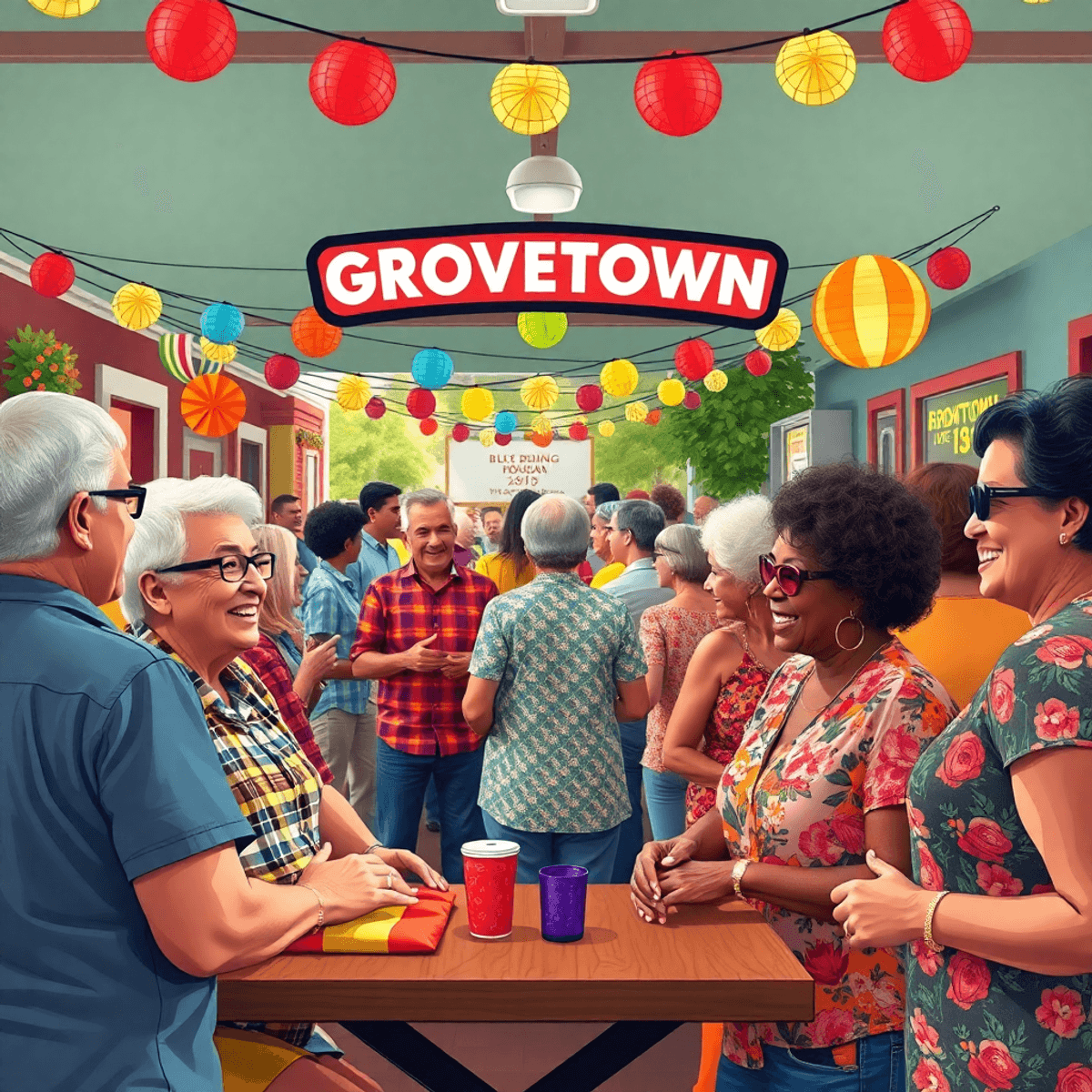 A lively community gathering in Grovetown, Georgia, with singles enjoying music bingo and mingling at a festival, surrounded by colorful decoration...