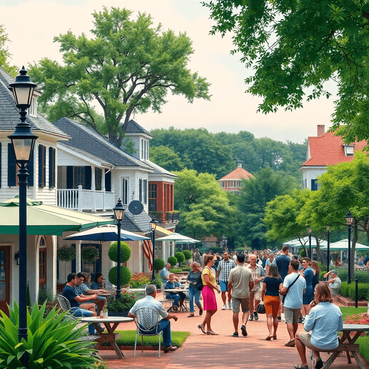 A scenic view of Richmond Hill, Georgia, featuring Southern architecture, lush greenery, vintage street lamps, and people enjoying outdoor activiti...