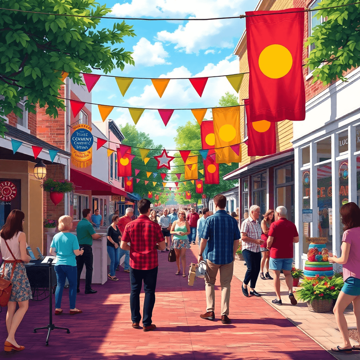 A lively small-town street in Hephzibah, Georgia, filled with colorful banners, people mingling, live music, and couples enjoying outdoor activitie...