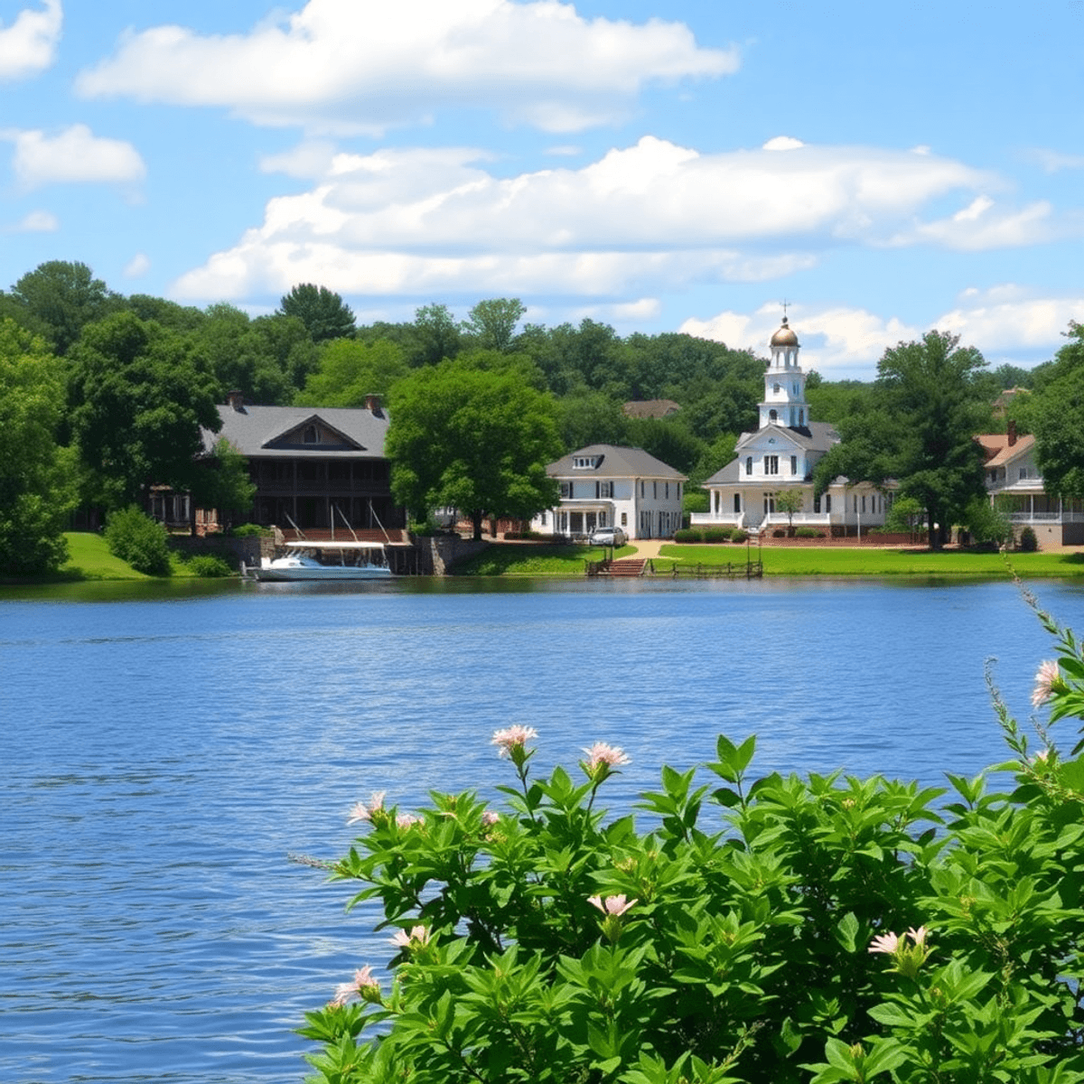 A serene view of Lake Oconee surrounded by lush greenery and charming historical architecture, evoking romance and tranquility in vibrant colors.