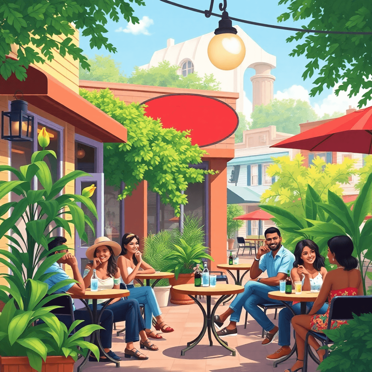 A cozy café in West Point, Georgia, with outdoor seating surrounded by greenery. People enjoy friendly interactions, showcasing Southern hospitalit...