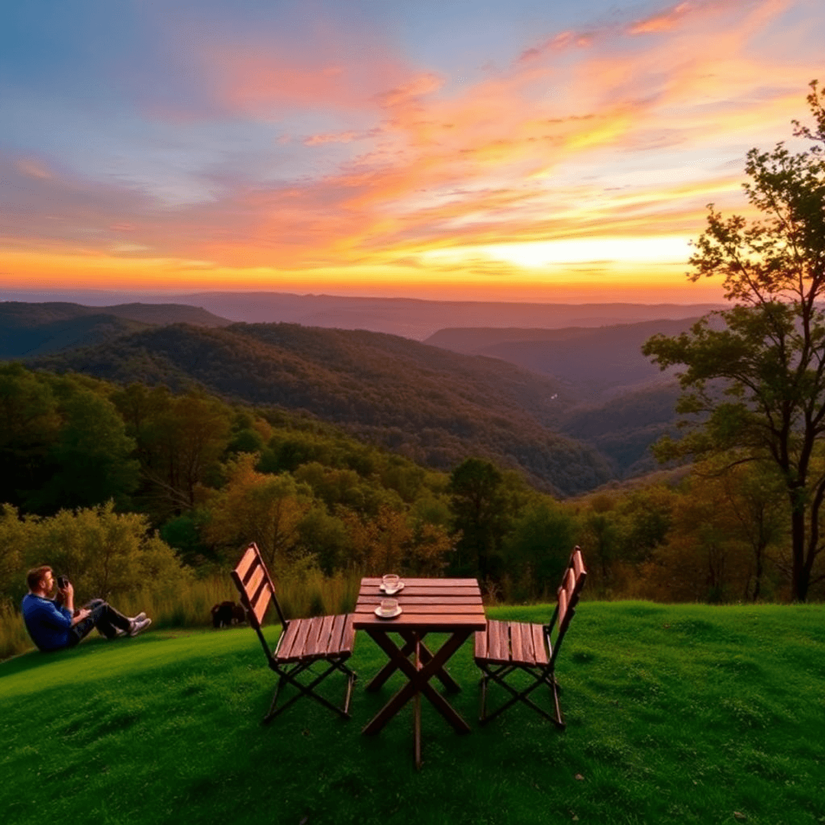 A serene sunset over rolling hills and lush forests in Chattahoochee Hills, featuring a cozy picnic setup with a rustic table and two chairs, evoki...