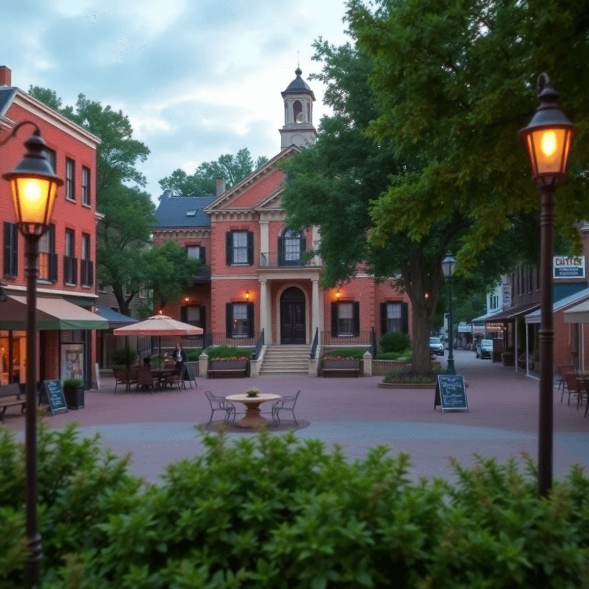 A romantic view of Cleveland's historic town square with a charming courthouse museum, quaint shops, soft lighting, and lush greenery, inviting exp...