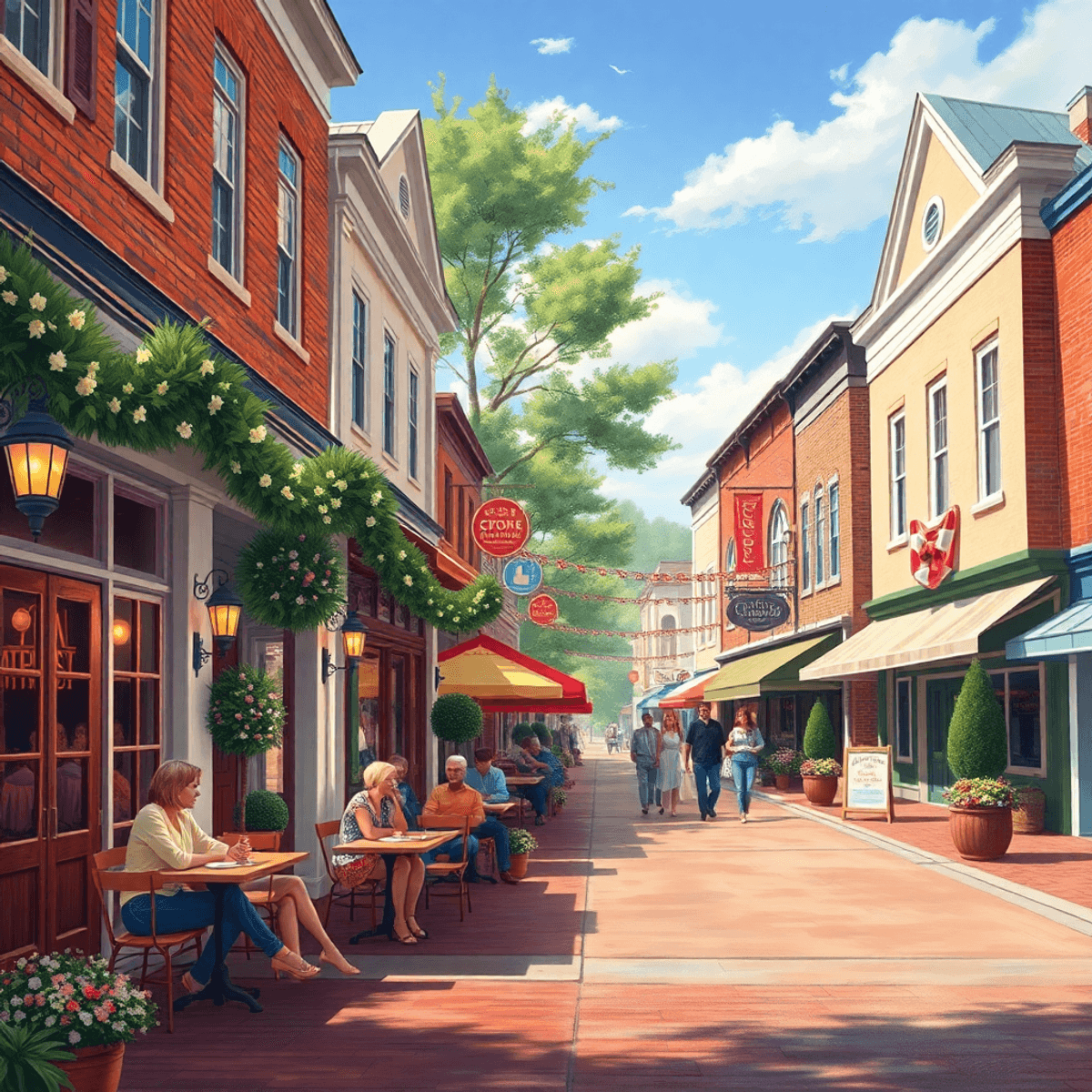 A quaint street in Leesburg, Georgia, featuring southern architecture, a cozy café with outdoor seating, people chatting, and festive decorations t...