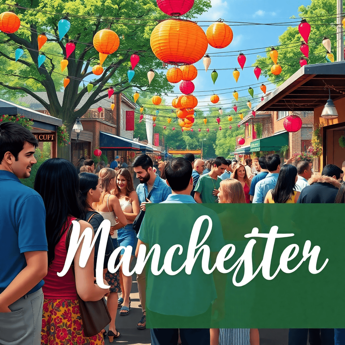 A lively community event in Manchester, Georgia, with colorful decorations, people mingling, and a backdrop of nature trails and cozy cafes, creati...