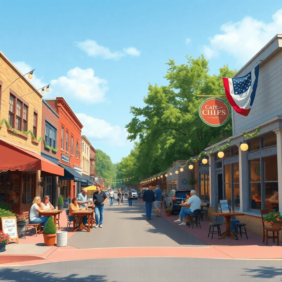 A bustling small-town street in Gray, Georgia, adorned with festive decorations, cozy cafes, and people enjoying outdoor activities in a warm South...