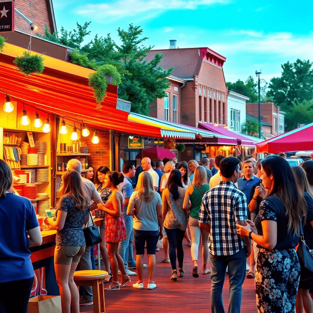 A lively outdoor festival in Pelham, Georgia, featuring colorful stalls, local artisans, and people enjoying food and music, creating a vibrant com...