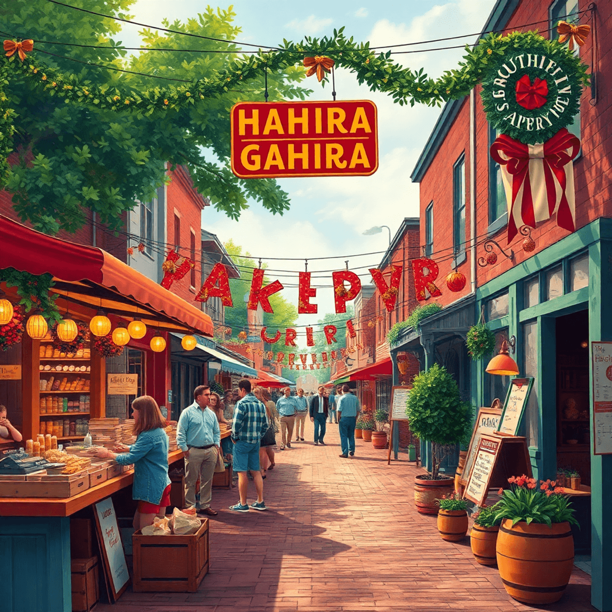 A lively small-town scene in Hahira, Georgia, featuring a bustling market and festive decorations, all in warm colors that evoke connection and Sou...