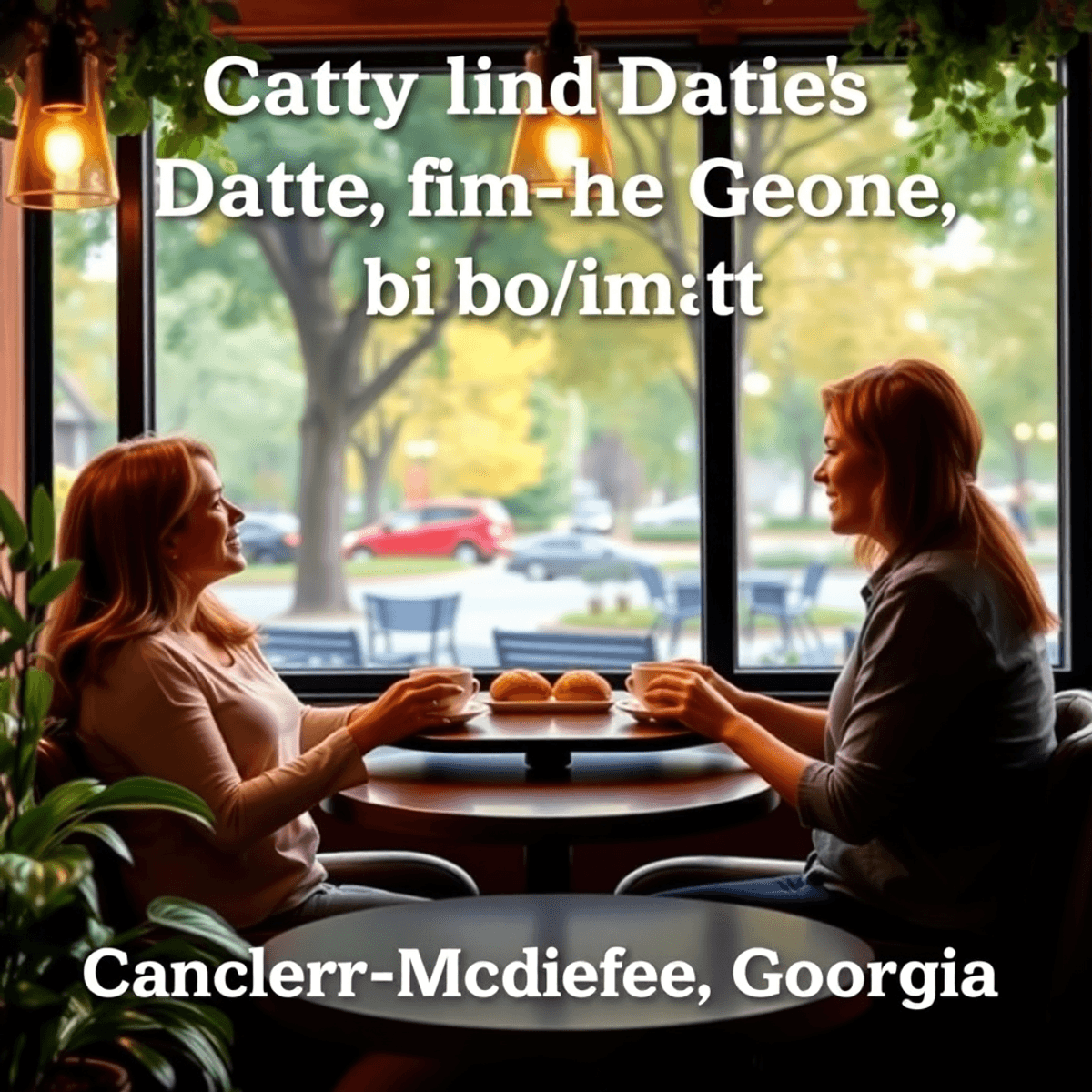 A cozy coffee shop table for two with coffee cups and pastries, surrounded by greenery and soft lighting, evoking a warm and inviting atmosphere.