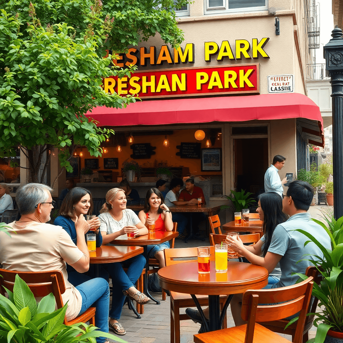 A cozy outdoor café scene in Gresham Park, with patrons enjoying drinks and chatting among lush greenery, blending small-town charm with urban life.